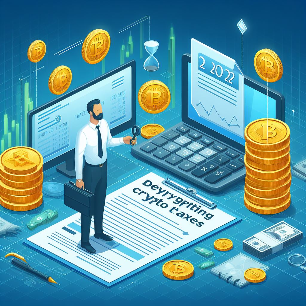 An illustration representing the concept of crypto taxes, featuring symbols of cryptocurrency like Bitcoin, Ethereum, and a tax form or calculator, indicating the process of calculating and paying taxes on cryptocurrency transactions.